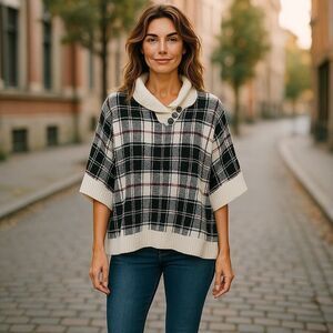 Talbots Black White Red Poncho Lambswool Blend Cape Knit Top